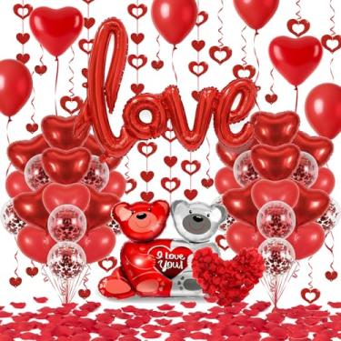 Imagem de Adurself Conjunto de decorações de balão de dia dos namorados – balões de confete de coração de látex vermelho, balão de alumínio de urso de pelúcia, pétalas de rosa e corações pendurados para festa