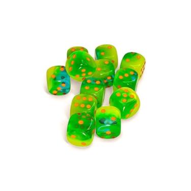 Imagem de Plasma Green and Teal Gemini Luminary Dice with Orange Pips D6 16mm (5/8in) Pack of 12 Chessex
