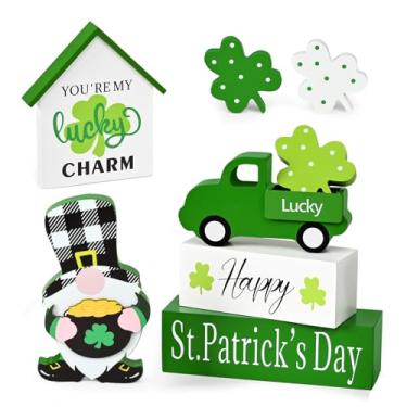 Imagem de ASPMIZ Decorações de Dia de São Patrício, caminhão verde de madeira com 3 blocos de trevo, bloco de gnomo, decoração de madeira rústica de fazenda para mesa de cozinha doméstica