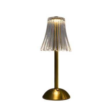 Imagem de Candeeiro de secretária LED recarregável retro com abajur transparente e interruptor tátil dourado – ideal para iluminação decorativa em casas e escritórios, com bateria recarregável.