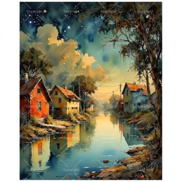 Imagem de TAOPAOLAB Kit de pintura noturna por números para adultos - DIY Riverside Village e pintura reflexiva em tela 40,6 x 50,8 cm, conjunto de tinta acrílica para iniciantes, arte para decoração de casa ou