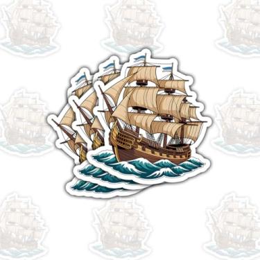 Imagem de 3 peças de adesivos vintage de veleiro, decalque clássico de veleiro de madeira, adesivo de navio alto nas ondas do oceano, decalque artístico explorador náutico, cortado à prova d'água para laptop