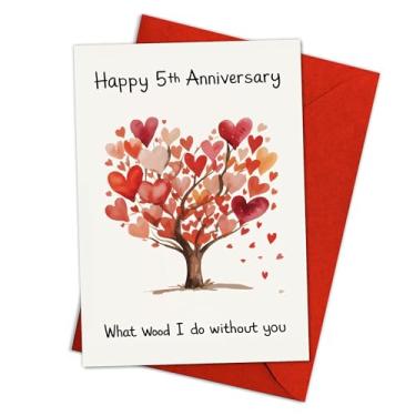 Imagem de Podagree Cartão comemorativo de feliz 5º aniversário, ilustração de árvore de coração com lindo trocadilho de madeira, nota de aniversário romântica com envelope vermelho para casais marido e esposa