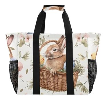 Imagem de ODAWA Sacolas de supermercado à prova d'água à prova d'água à prova de areia para mulheres, coelhos de Páscoa, ovos e academia, bolsa de viagem com alça, Ovos de coelhos de Páscoa, One Size