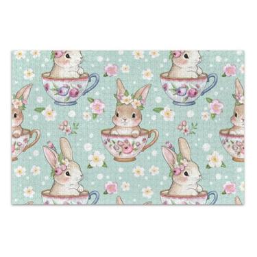 Imagem de Quebra-cabeça adulto 500 peças presentes de elefante branco quebra-cabeça rígido engraçado para adultos decoração de arte pintura coelho fofo xícaras de chá florais Páscoa, 51 x 35 centímetros