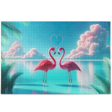 Imagem de Quebra-cabeça Love Birds azul-petróleo para adultos flamingo rosa 500 peças presentes de elefante branco engraçado personalizado família divertido quebra-cabeça pintura animal arte, 52 cm x 37,8 cm