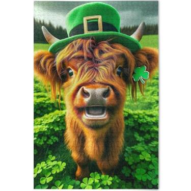 Imagem de Quebra-cabeças Highland Cow Calf St Patricks 500 peças para adultos pintura artística quebra-cabeças difíceis personalizado engraçado, 52 cm x 37,8 cm