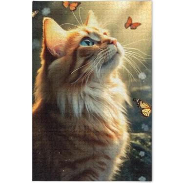 Imagem de Quebra-cabeça personalizado laranja gato borboletas 500 peças adultos paisagem animal arte divertido presente quebra-cabeça jogo técnico presentes, 52 cm x 37,8 cm