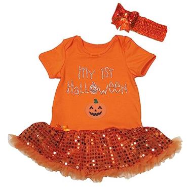 Imagem de Petitebella Vestido de bebê tutu My 1st Halloween Pumpkin Bodysuit Nb-18m, Lantejoulas laranja/laranja, 12-18 Months