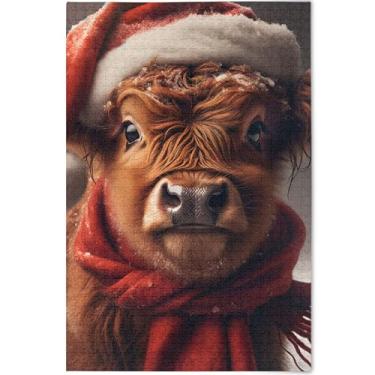 Imagem de Quebra-cabeça personalizado de vaca Highland de Natal 500 peças para adultos amantes de elefantes brancos, presentes divertidos para a família, pintura de arte animal, 52 x 37,8 cm