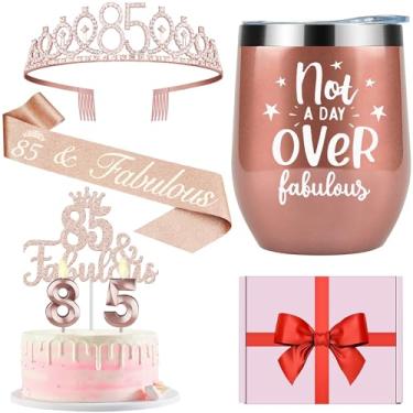 Imagem de Decorações de aniversário de 85 anos para mulheres com copo/caneca de 340 g, vinho ou café, faixa de aniversário, coroa, topo de bolo e velas, presentes de 85 anos para mulheres