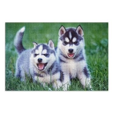 Imagem de Quebra-cabeça para adultos Husky Siberiano Filhotes grama 500 peças para adultos arte animal quebra-cabeça difícil família elefante branco presentes engraçado, 50,5 x 14,9 polegadas