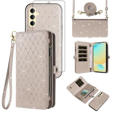 Imagem de Asuwish Capa de celular para Samsung Galaxy S24 FE 5G carteira com zíper destacável com protetor de tela de vidro temperado alça transversal com glitter flip compartimento para cartão S 24 EF S24FE