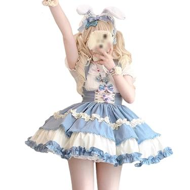 Imagem de Saias fofas para cosplay japonês com babados Lolita para meninas adolescentes com laço de renda para festa fantasia de festa saia elástica com cinto, azul, M