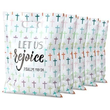 Imagem de Sweetude 200 peças de sacos plásticos de cruz cristã a granel com alças Let Us Rejoice Goodie Treat Gift Bags reutilizáveis bolsas religiosas para lembrancinhas de festa da Bíblia suprimentos