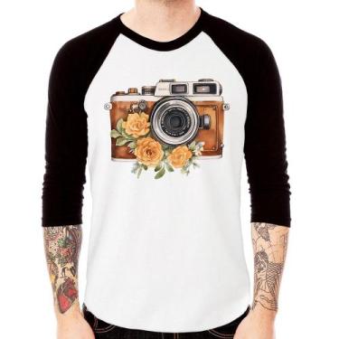 Imagem de Camiseta Raglan Máquina Fotográfica Vintage e Flores Manga 3/4 - Foca 
