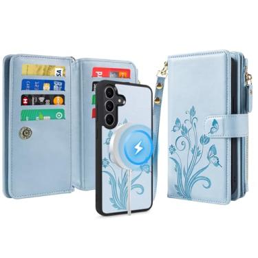 Imagem de Lacass Capa carteira para Samsung Galaxy S25 FE S25FE, compatível com MagSafe 2 em 1 capa magnética removível de couro PU com bloqueio RFID, porta-cartão, zíper, alça de pulso, floral azul celeste