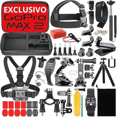 Imagem de Kit de Acessórios para GoPro Hero Max 2 com 65 Itens, Maleta Protetora, Tripé, Bastão Extensível e Suporte de Cabeça para Esportes e Aventuras