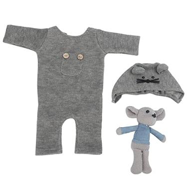 Imagem de SIWOTED Adereços para fotografia de bebê recém-nascido Chapéu Macacão Conjunto de brinquedos para bebês com desenhos animados Roupa para crianças (Chapéu+Boneca+Macacão)
