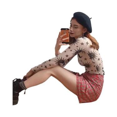 Imagem de Camiseta Feminina De Manga Longa Com Estampa De Sol E Lua Em Malha Tra