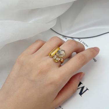 Imagem de Anel geométrico de cristal de vidro geométrico para mulheres, banhado a ouro, ajustável, aberto, compromisso, casamento, noivado, anel geométrico, dedo médio, ajuste confortável, elegante, cubo, art