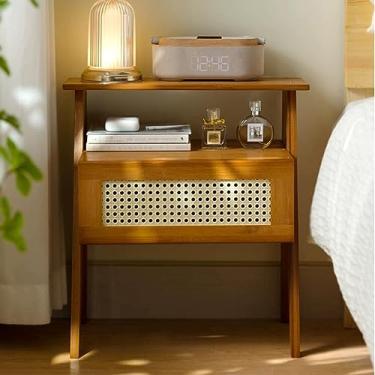 Imagem de Mesa de cabeceira, armário de armazenamento de madeira maciça, prateleira de quarto, armário de armazenamento duplo com gavetas, mesa lateral de sofá (cor: A) (A)