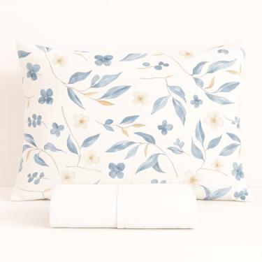 Imagem de Kit Jogo de Lençol Micropercal 400 Fios Fronha Estampada Floral Azul(branco,Queen)