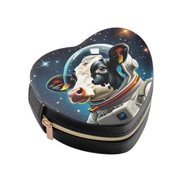 Imagem de Burbuja Caixa de joias em forma de coração de vaca no espaço, mini estojo de joias de viagem para mulheres e meninas, organizador portátil de armazenamento para brincos, anéis, colares e pulseiras