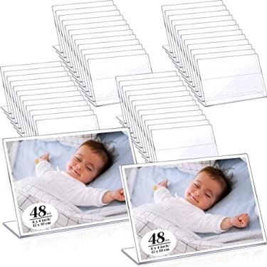 Imagem de Pacote com 48 molduras de cabine de fotos transparentes 10,8 x 15,8 cm suportes de placa de acrílico inclinados para trás molduras transparentes em forma de L vertical autoestável com suporte para placa de exibição de foto com inserção para loja de escritório em casa