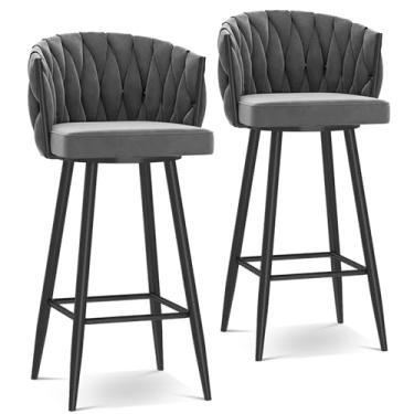 Imagem de Banquetas de bar giratórias modernas de 360°, cadeiras de cozinha estofadas de altura de bar com pernas de aço e apoio para os pés, perna preta cinza, 2 peças