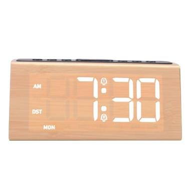 Imagem de Asixxsix Relógio despertador digital de madeira, Relógio de alarme alto LED Dimmable com grandes números, de mesa elétrico USB com volume ajustável e função Snooze para casa (Castanho claro)