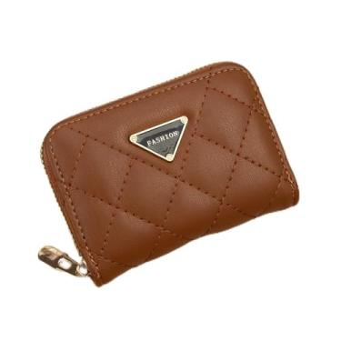 Imagem de Carteira feminina, porta-cartão compacto e fino, antifurto, organizador de cartão de couro com 9 compartimentos para cartão e janela para identidade, Marrom, Bonito