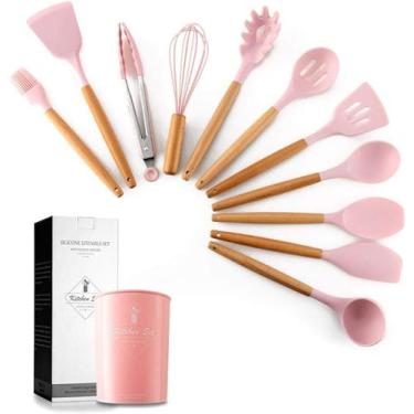 Imagem de Conjunto de 11 peças com cabo de madeira de silicone para cozinha ROSA