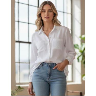 Imagem de Camisa Social Feminina Blusa de Manga Longa Camisete Com Bolsos Fronta