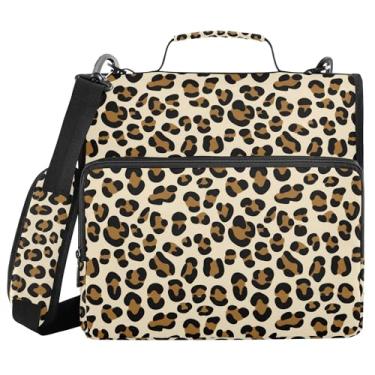 Imagem de SEHANY Fichário de zíper com estampa de leopardo com alça de ombro, capacidade para 500 folhas, vários bolsos, fichário com 3 anéis com zíper de 3 cm