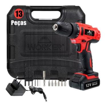 Imagem de Parafusadeira Furadeira Worker 12v Bivolt Com Kit 13 Peças Led Vermelh