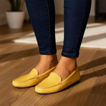 Imagem de Mocassim Feminino Couro Legitimo Amarelo Pesponto - Dedmar, 35