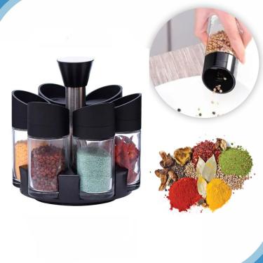 Imagem de Porta Tempero Giratório Carrossel 6 Frascos Acrílico 100ML Recarregáveis para Cozinha Preto Shopmix