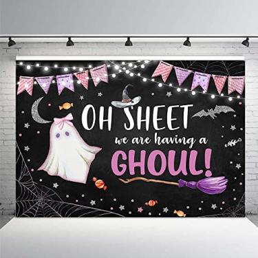Imagem de MEHOFOND 7 x 5 pés Halloween menina chá de bebê pano de fundo de festa Estamos tendo um Ghoul lindas estrelas rosa assustadoras fundo de fotografia doces ou travessuras bolo decoração cabine de fotos