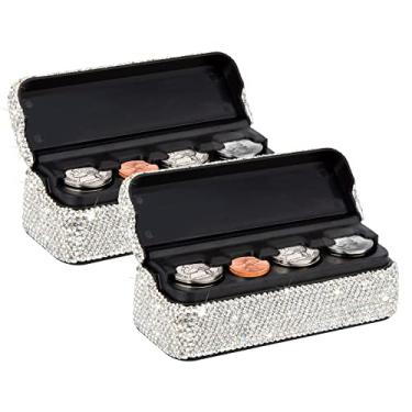 Imagem de eing Porta-moedas para carro, organizador de moedas de carro de cristal brilhante, acessório interior de carro, dispensador de dinheiro universal para a maioria dos carros caminhão Van SUV (prata, pacote com 2)