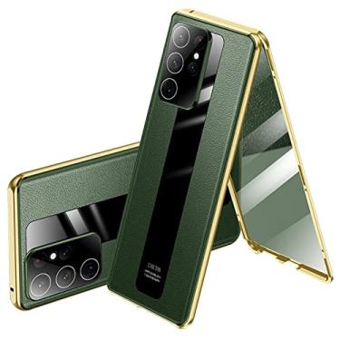 Imagem de Capa para Samsung Galaxy S22/S22 Plus/S22 Ultra 5G, capa de proteção dupla face adsorção magnética transparente vidro temperado metal capa flip de couro genuíno, verde, s22 Ultra 6,8 polegadas