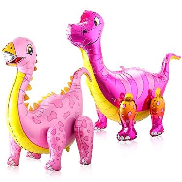 Imagem de Grandes balões de dinossauro rosa 3D para meninas – Grandes balões de Dinossauro Tanystropheus 98 cm | Artigos de festa de dinossauro rosa | Balões de Mylar de dinossauro, festa de dragão rosa, decorações de aniversário temáticas da selva