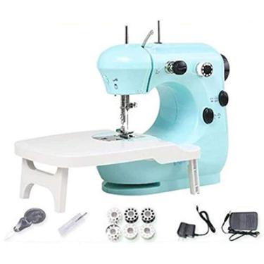 Imagem de Máquina de costura doméstica mini máquina de costura multifuncional elétrica pequena máquina de costura manual (presente 10 acessórios + estação de extensão) azul atualizado