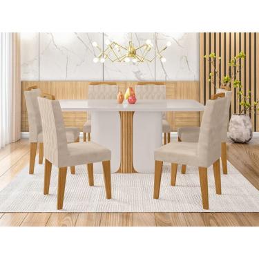 Imagem de Conjunto de Mesa de Jantar Retangular com Tampo de Vidro Off White Charlote e 6 Cadeiras Paola Suede Nude e Nature
