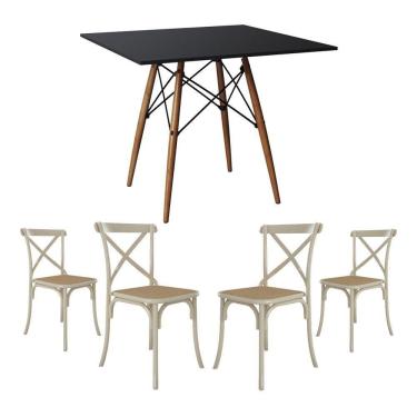 Imagem de Conjunto De Mesa Eiffel Quadrado Tampo De Madeira 90Cm Preto Com 4 Cadeiras Katrina Off White
