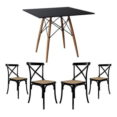 Imagem de Conjunto De Mesa Eiffel Quadrado Tampo De Madeira 90Cm Preto Com 4 Cadeiras Katrina Preto