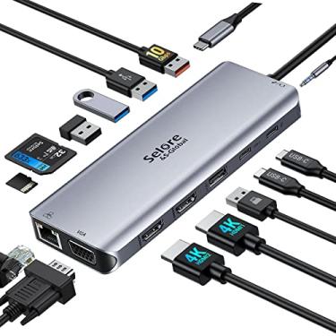 Imagem de Estação de ancoragem adaptador USB C, adaptador HDMI de monitor duplo tipo C, visor triplo 4K HDMI e VGA, 14 em 1-3USB3.0 e 2USB2.0, Gigabit Ethernet, 100W PD, leitor de cartão SD/TF, transferência de dados tipo C, áudio de 3,5 mm