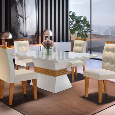 Imagem de Conjunto Sala de Jantar Mesa Clarice 120x80cm Tampo Vidro/MDF Canto Reto com 4 Cadeiras Valentina Ru Off White/Imbuia Rufato