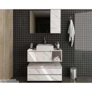 Imagem de Conjunto de Banheiro Armário c/ Espelho BN3602 Balcão Suspenso BN3601 e Balcão c/ Rodizios BN3603 s/ Cuba Pia 80cm cor Mármore Branco - Tecno Mobili