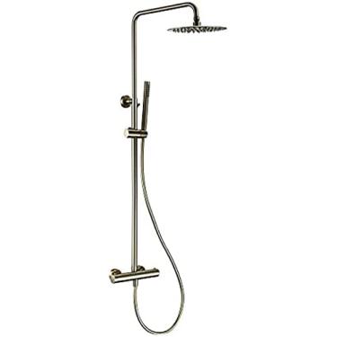 Imagem de Torneira de chuveiro com termostato, conjunto de válvula misturadora de chuveiro de ouro escovado, torneira termostática para banheiro, montagem na parede, desviador de braço de chuveiro com